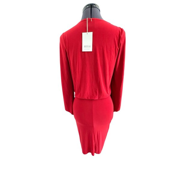 MISA Los Angeles Red Teget Dress Knot Front Bell Sleeves V Neck‎ Draped Ruched S - Picture 4 of 12